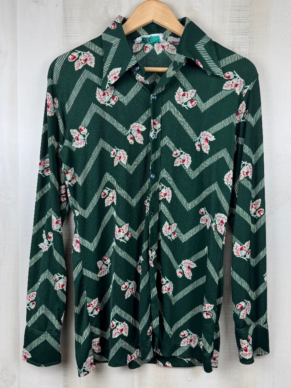 Vintage 1970s Huk-A-Poo Men’s Long Sleeve Zigzag Lines Floral Disco Shirt Medium